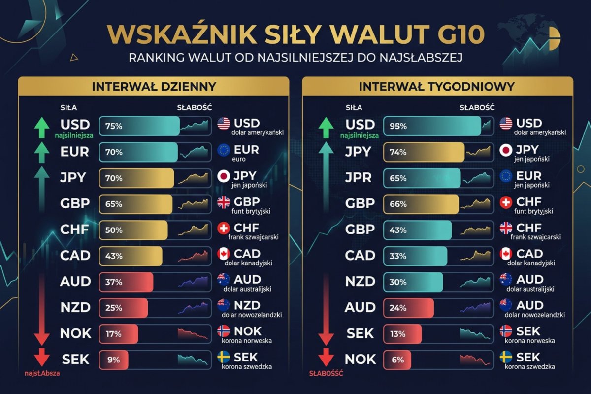 Currency Strength Index — ranking siły walut G10 od najsilniejszej do najsłabszej na interwale dziennym i tygodniowym