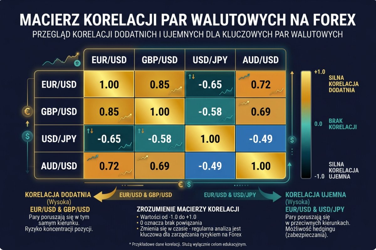 Macierz korelacji par walutowych na Forex — heatmapa pokazująca korelacje dodatnie i ujemne między EUR/USD, GBP/USD, USD/JPY, AUD/USD