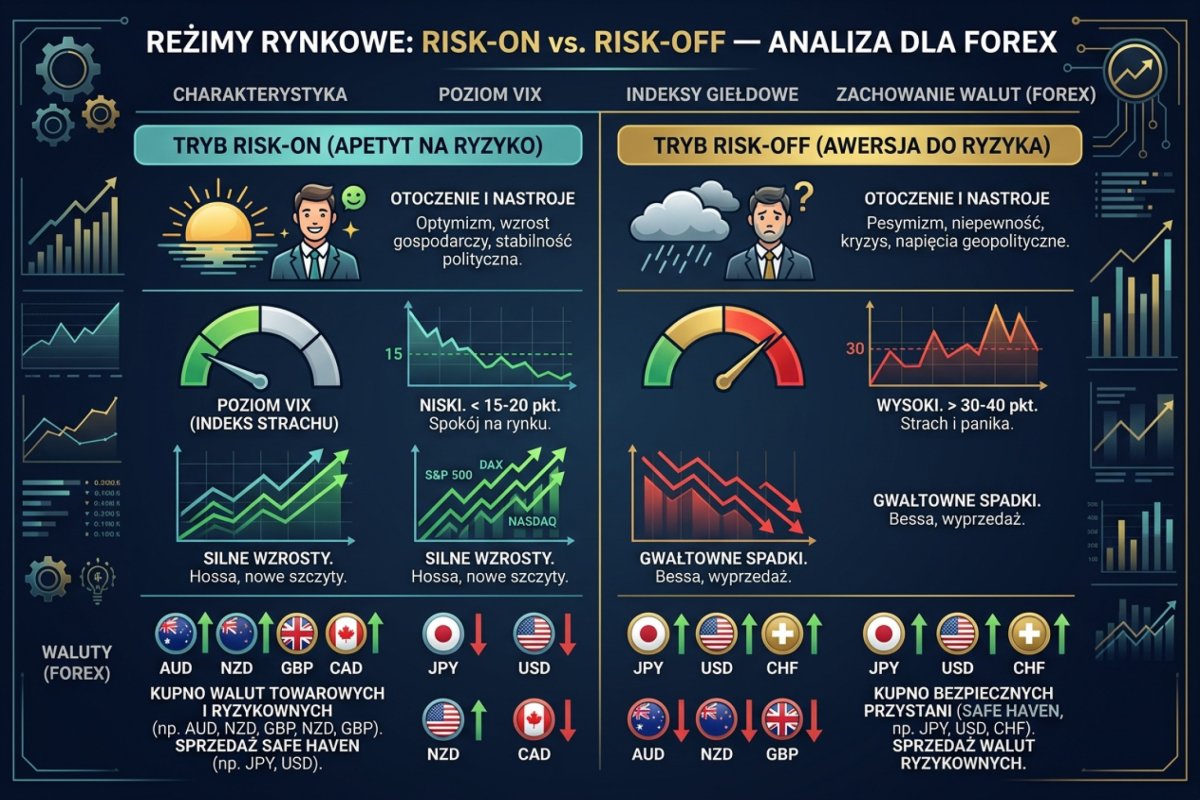 Reżimy rynkowe risk-on i risk-off — poziom VIX, zachowanie indeksów giełdowych i walut w różnych fazach cyklu nastrojów