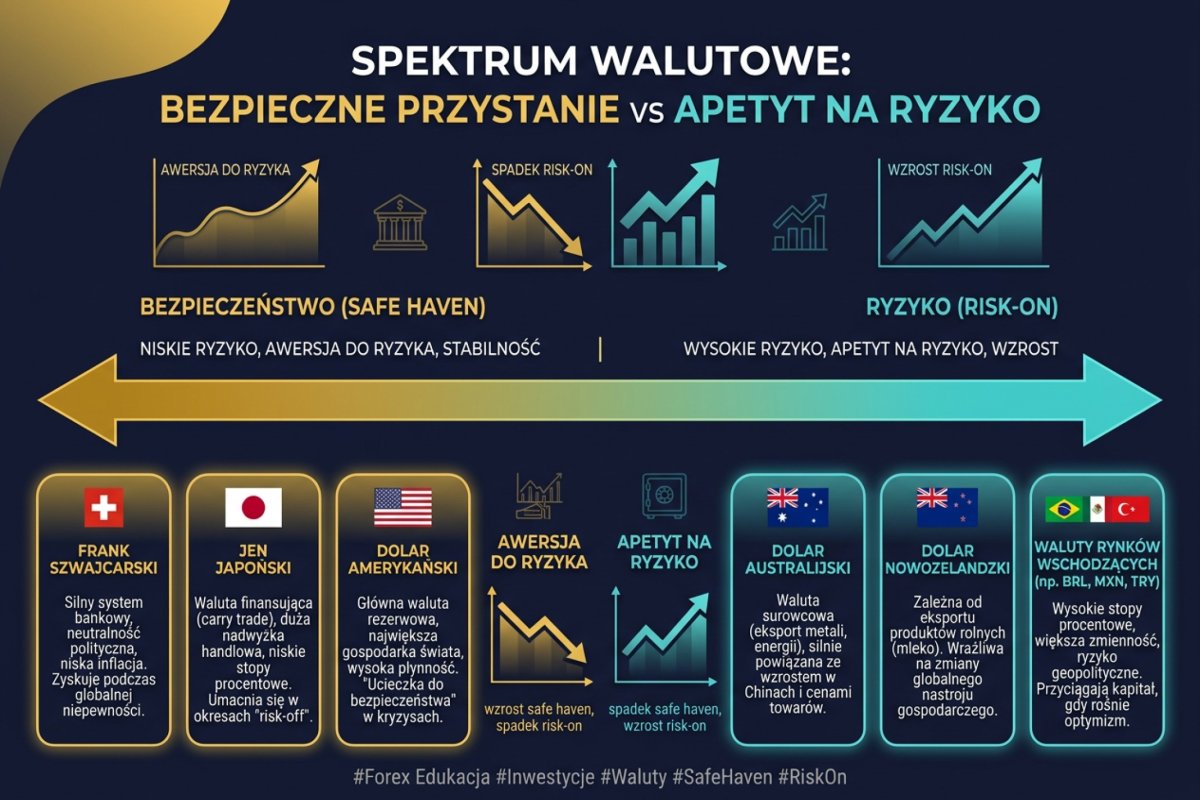 Spektrum walut safe haven vs risk-on — CHF, JPY, USD po stronie bezpieczeństwa, AUD, NZD i waluty EM po stronie ryzyka