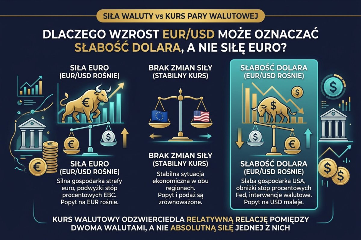Siła waluty vs kurs pary walutowej — dlaczego wzrost EUR/USD nie oznacza siły euro, a może wynikać ze słabości dolara
