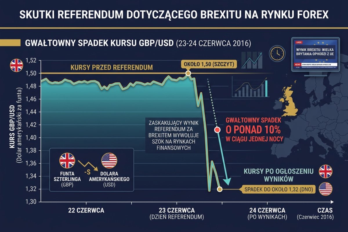 Brexit 23 czerwca 2016 — spadek GBP/USD z 1,50 do 1,32 w ciągu jednej nocy po zaskakującym wyniku referendum