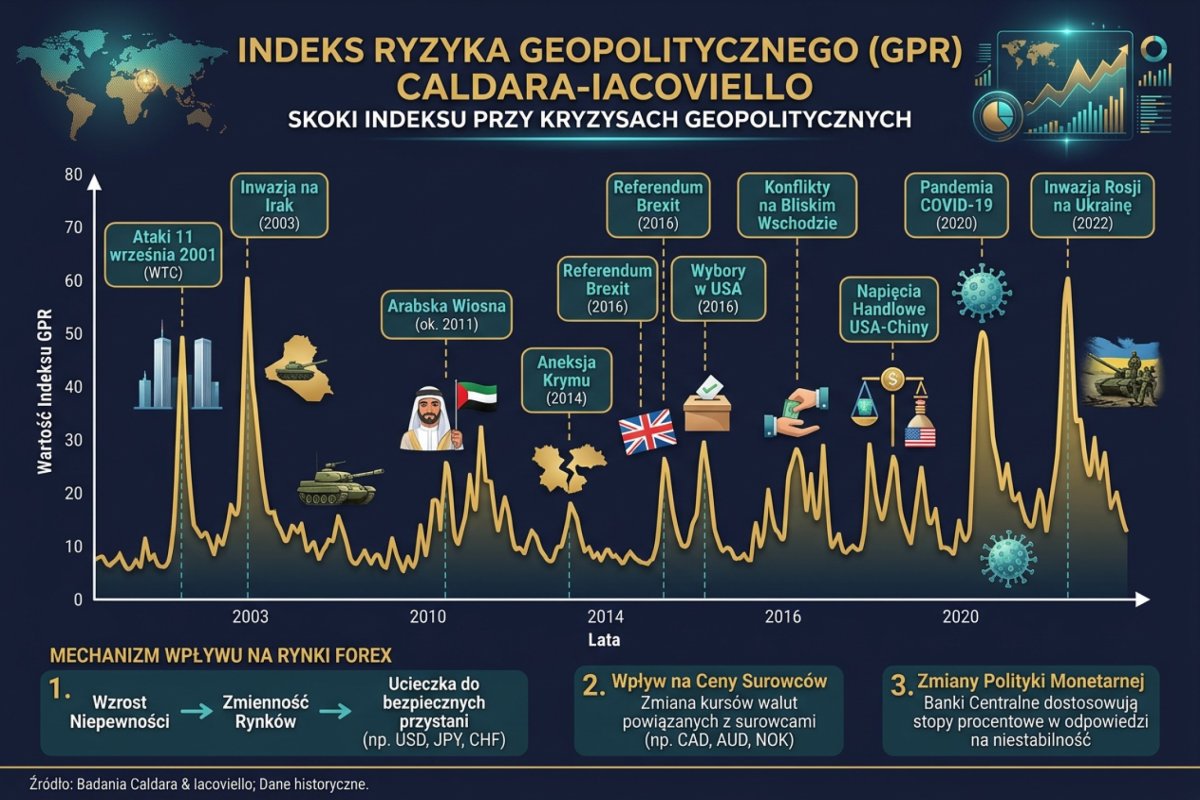 Geopolitical Risk Index (GPR) Caldara-Iacoviello — skoki indeksu przy kryzysach geopolitycznych