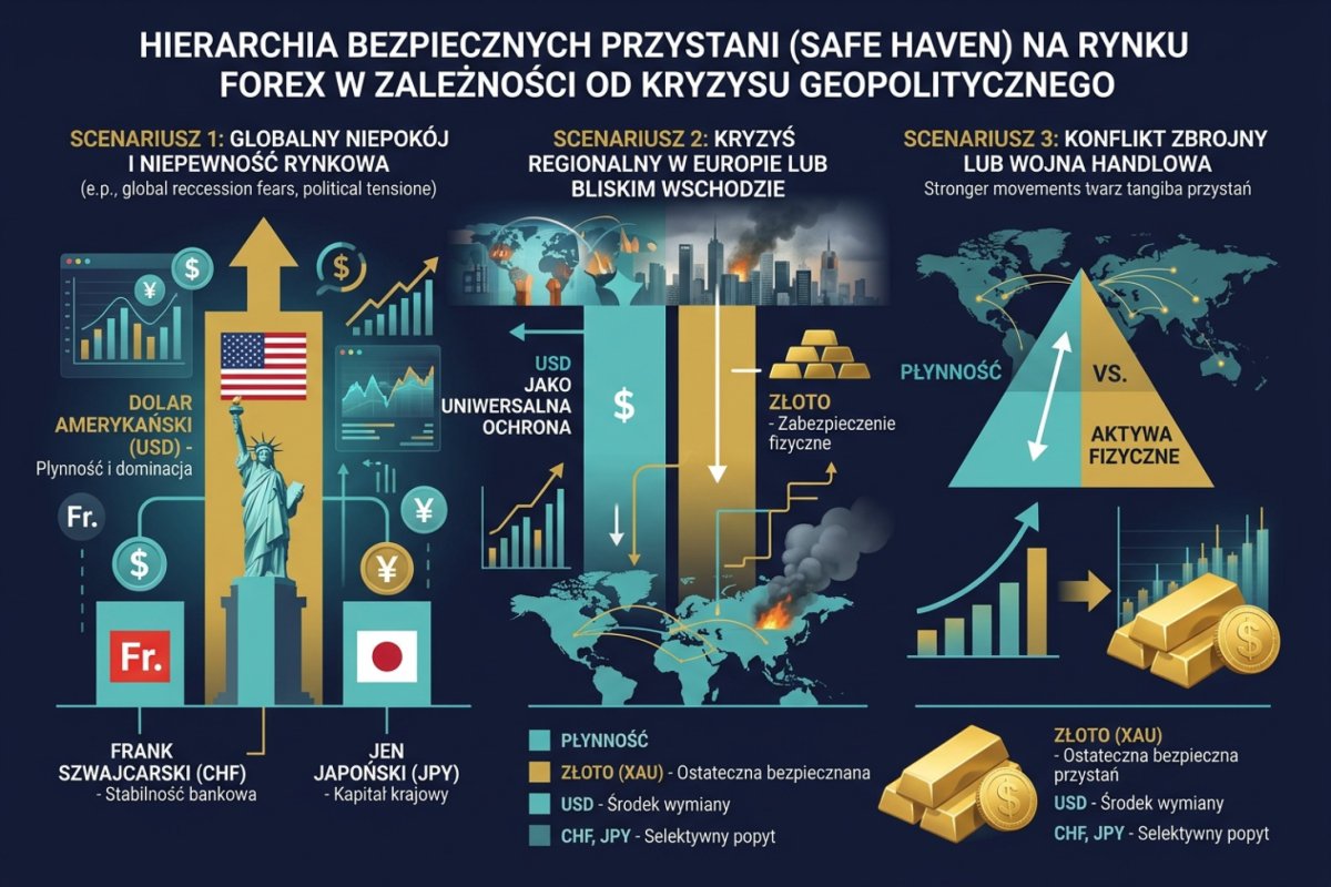 Hierarchia safe haven — USD, CHF, JPY i złoto jako bezpieczne przystanie w zależności od rodzaju kryzysu geopolitycznego