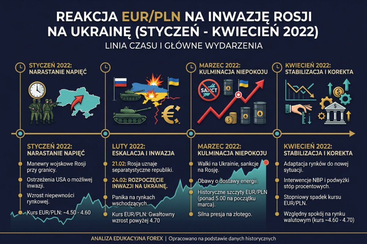 Timeline reakcji EUR/PLN na inwazję Rosji na Ukrainę — od narastania napięć w styczniu do stabilizacji w kwietniu 2022
