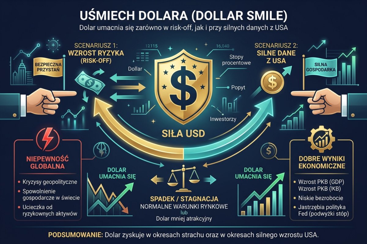 Dollar smile — dolar umacnia się zarówno w risk-off jak i przy silnych danych z USA
