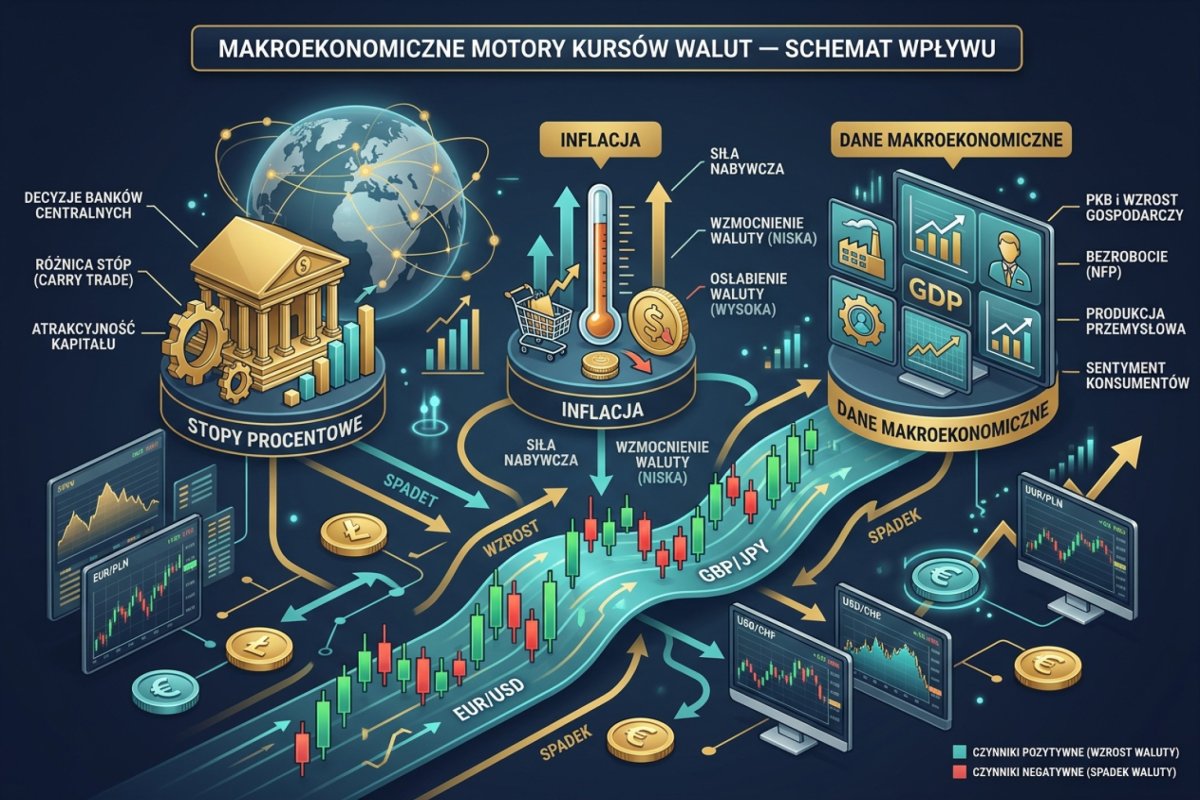 Makroekonomiczne motory kursów walut — schemat wpływu stóp procentowych, inflacji i danych makro na rynek Forex