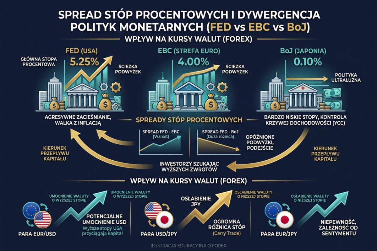 Spread stóp procentowych Fed vs ECB vs BoJ — dywergencja polityk monetarnych i jej wpływ na kursy walut