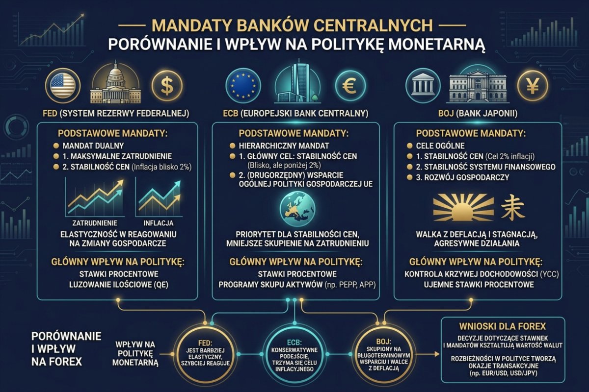 Mandaty banków centralnych — porównanie Fed, ECB, BoJ i ich wpływ na politykę monetarną
