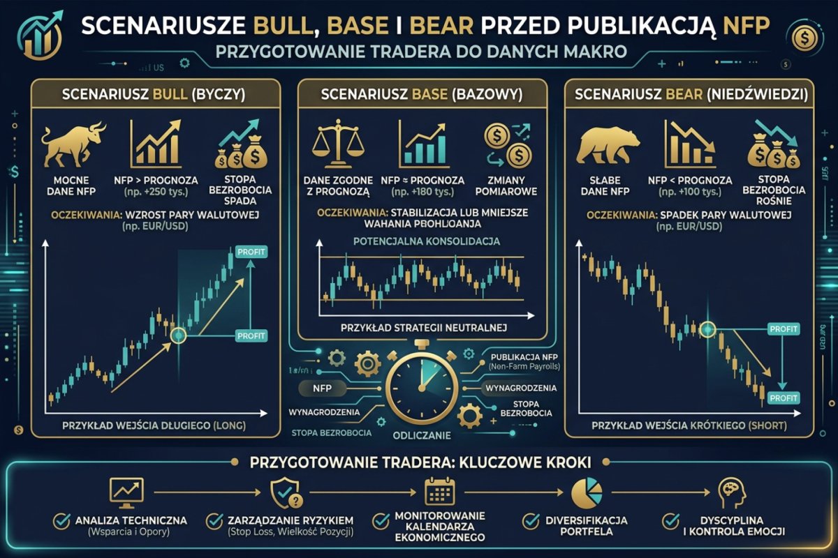 Scenariusze bull, base i bear przed publikacją NFP — przygotowanie tradera do danych makro
