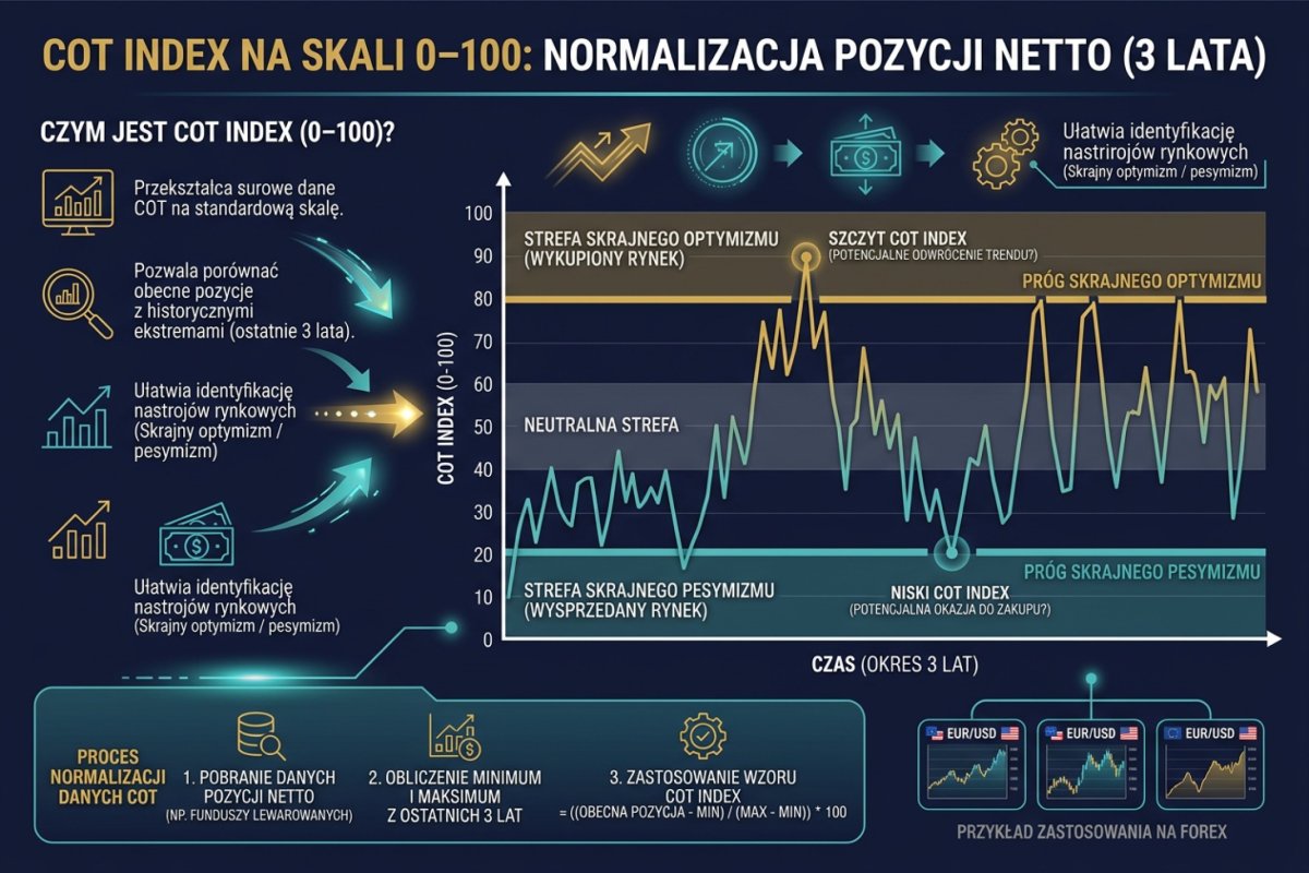 COT Index na skali 0–100 — normalizacja pozycji netto do zakresu historycznego z ostatnich 3 lat z progami skrajnego pozycjonowania