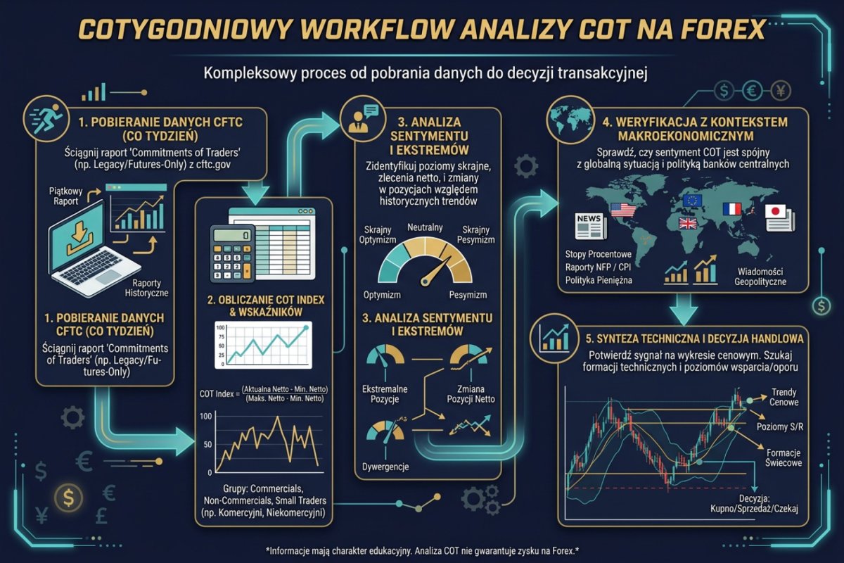 Cotygodniowy workflow analizy COT na Forex — od pobrania danych CFTC przez obliczenie COT Index po weryfikację z kontekstem makro i techniką
