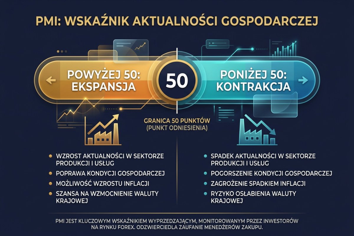 PMI Purchasing Managers Index — wskaźnik aktywności gospodarczej powyżej i poniżej granicy 50 punktów
