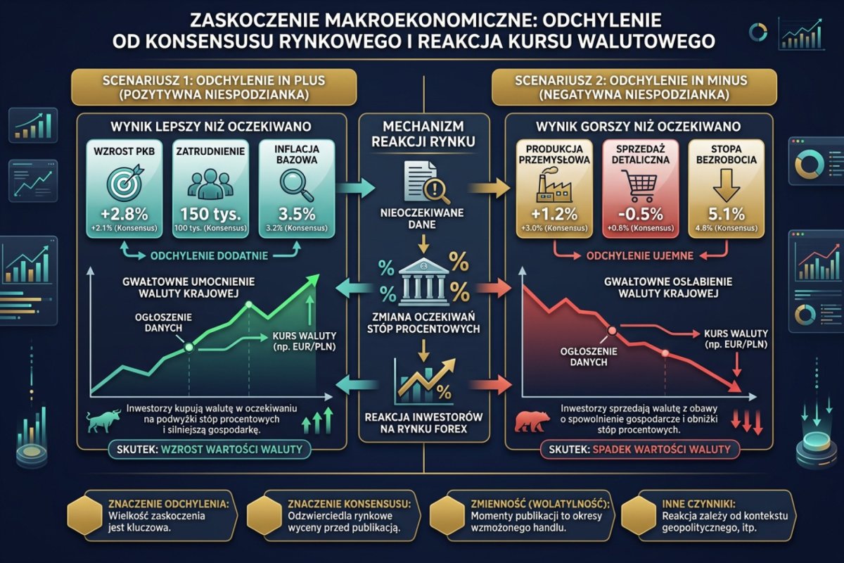 Zaskoczenie makroekonomiczne — odchylenie odczytu od konsensusu rynkowego i reakcja kursu walutowego