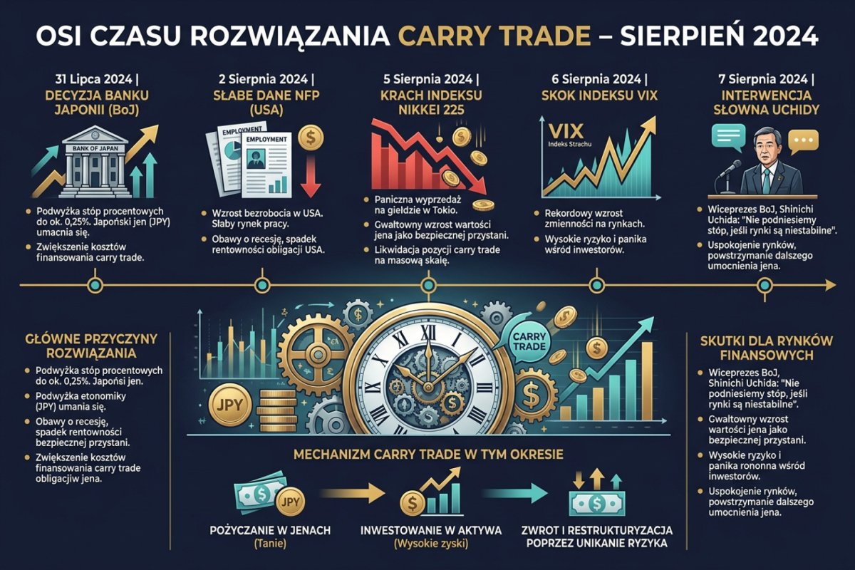 Timeline rozwiązania carry trade sierpień 2024 — decyzja BoJ, słabe NFP, krach Nikkei, skok VIX i interwencja słowna Uchidy