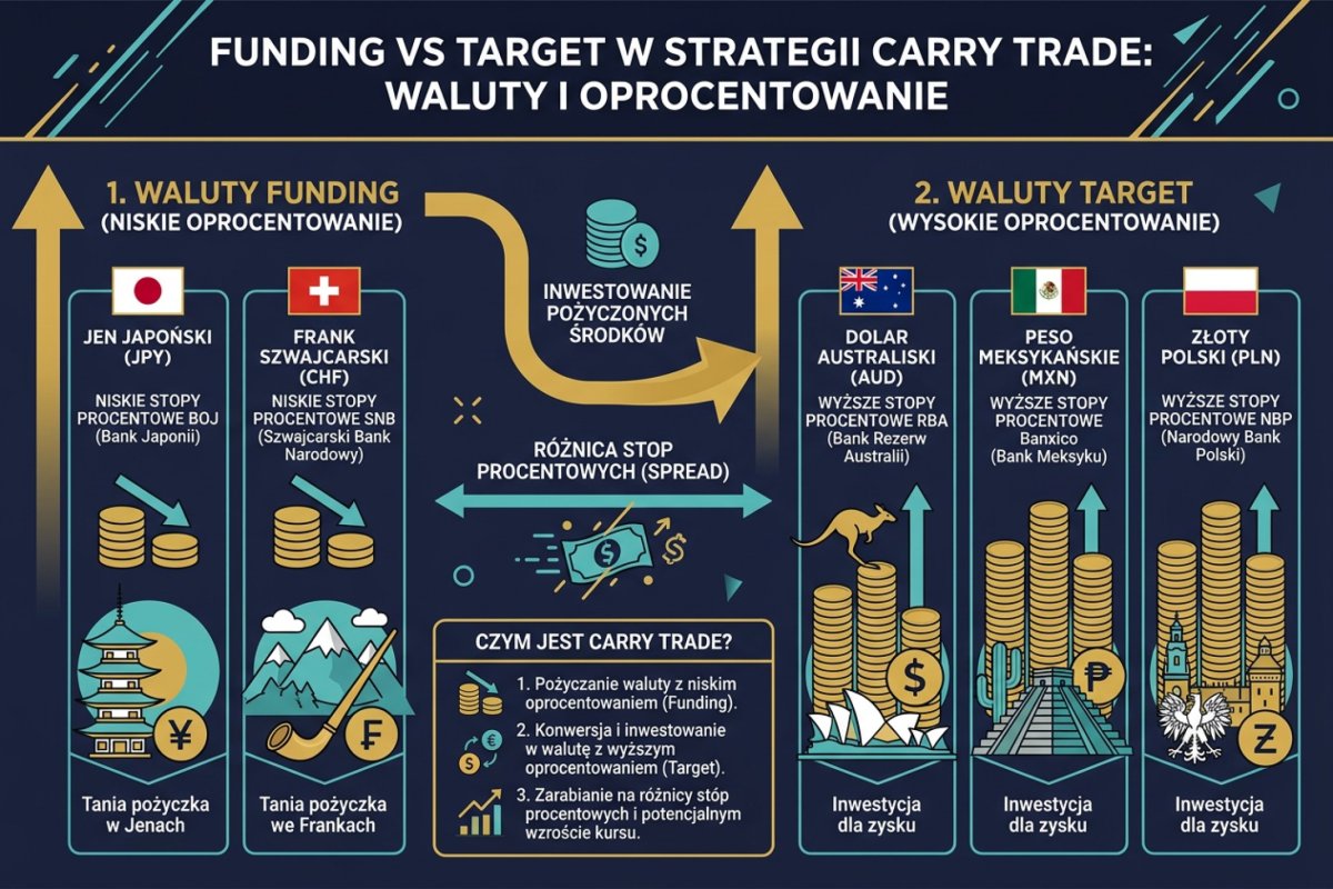 Waluty funding vs target w carry trade — jen i frank vs dolar australijski, peso i złoty