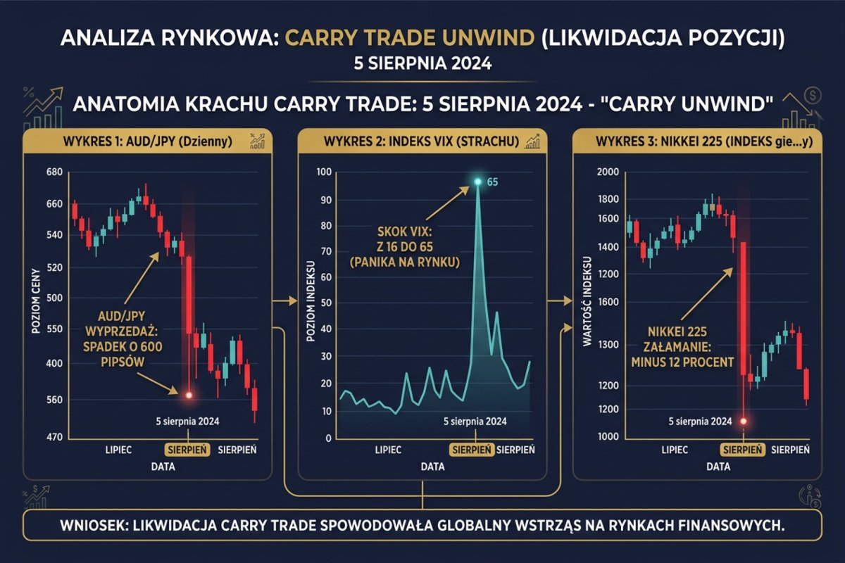 Trzy wykresy obok siebie: AUD/JPY spadek 600 pipsów, VIX skok z 16 do 65 i Nikkei minus 12 procent — 5 sierpnia 2024 carry unwind