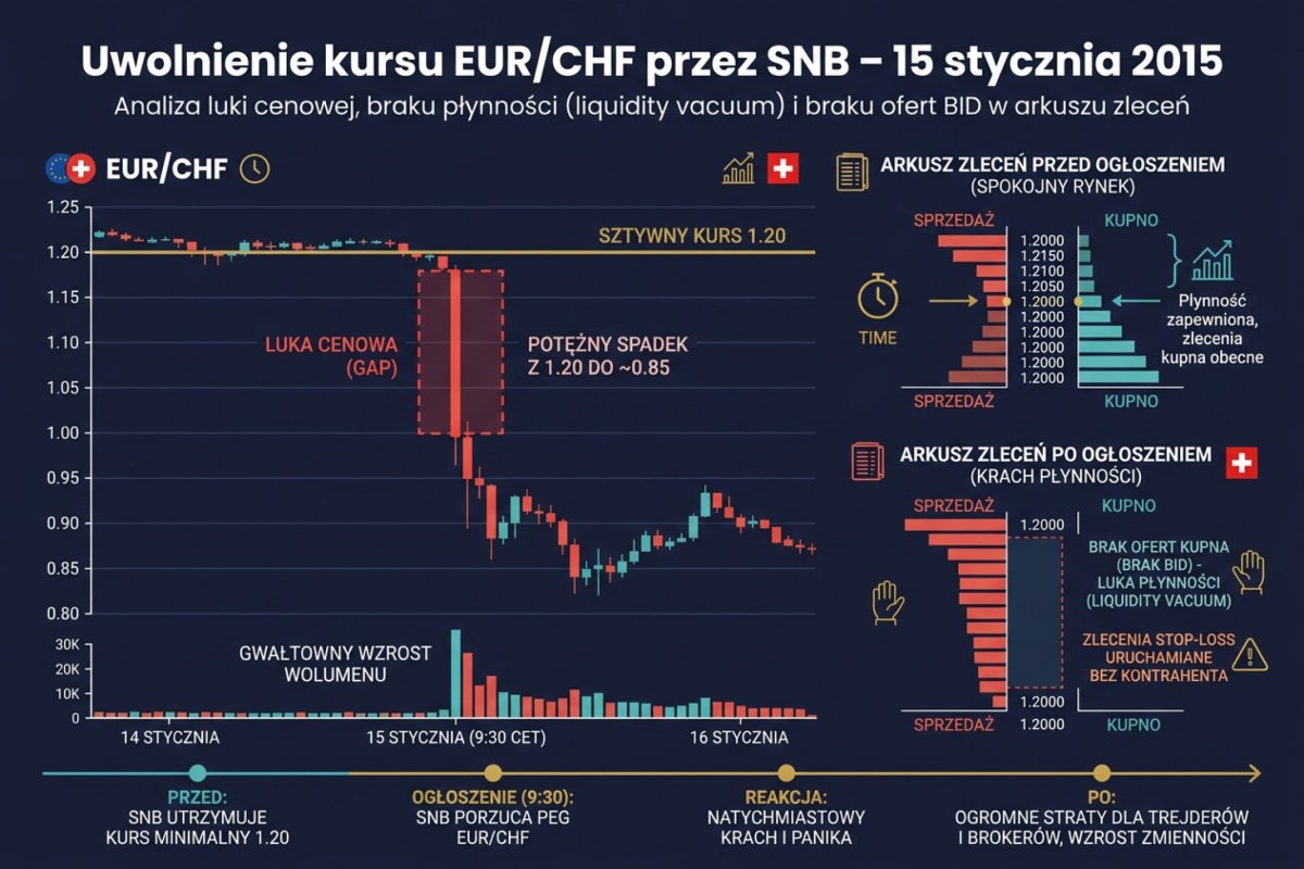 SNB porzuca peg EUR/CHF 15 stycznia 2015 — wykres pokazujący luk cenowy z 1.20 do 0.85, liquidity vacuum i brak bid w arkuszu zleceń