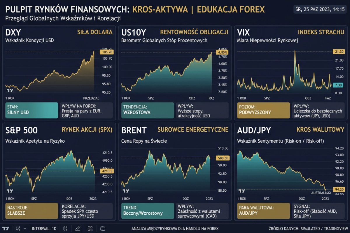 Zrzut ekranu z TradingView: dashboard cross-asset z panelami DXY, US10Y, VIX, S&P 500, Brent i AUD/JPY na jednym ekranie