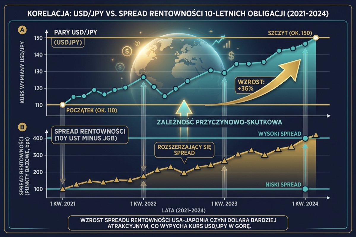 Wykres dwupanelowy: USD/JPY vs spread rentowności 10Y UST minus JGB w latach 2021-2024, pokazujący jak rozszerzający się spread pchał parę ze 110 na 150