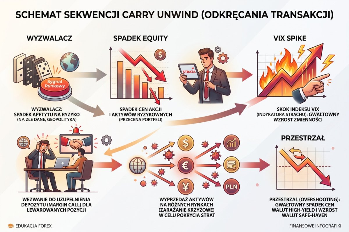 Schemat sekwencji carry unwind: trigger equity spadek VIX spike margin call zarażanie krzyżowe overshoot