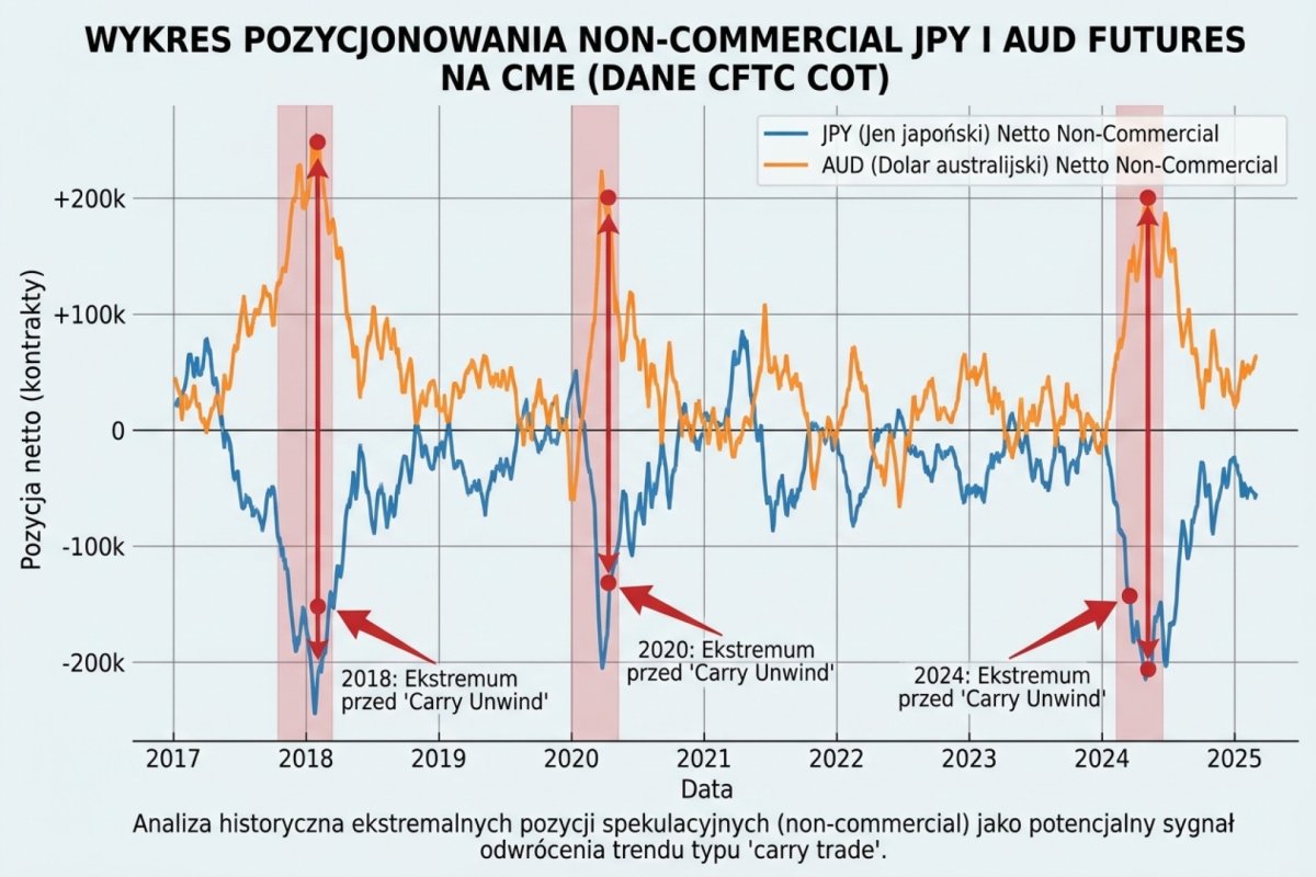 Wykres pozycjonowania non-commercial JPY oraz AUD futures na CME (dane CFTC COT) z zaznaczonymi ekstremami poprzedzającymi carry unwindy 2018, 2020 i 2024