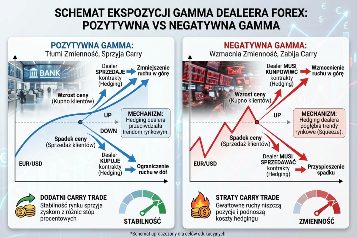 Schemat Dealer Gamma Exposure: positive gamma tłumi zmienność i sprzyja carry, negative gamma wzmacnia zmienność i zabija carry