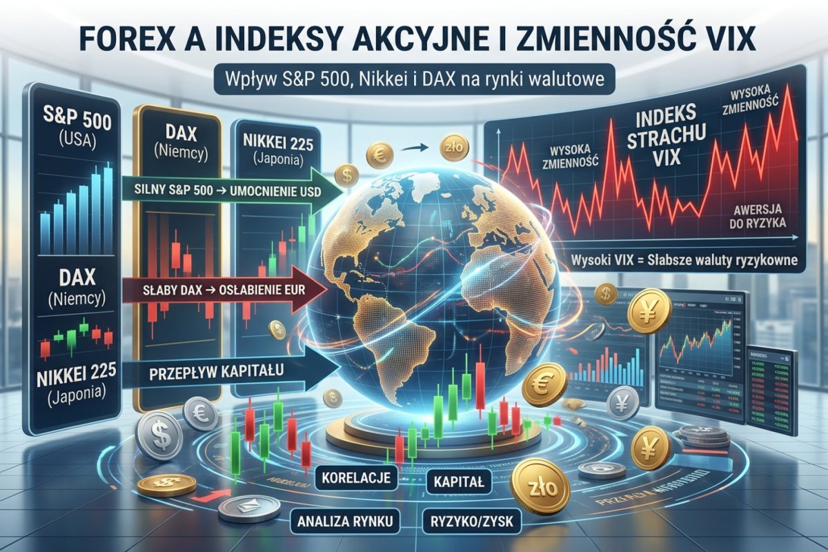Forex a indeksy akcyjne i zmienność VIX — jak S&P 500, Nikkei i DAX wpływają na kursy walut