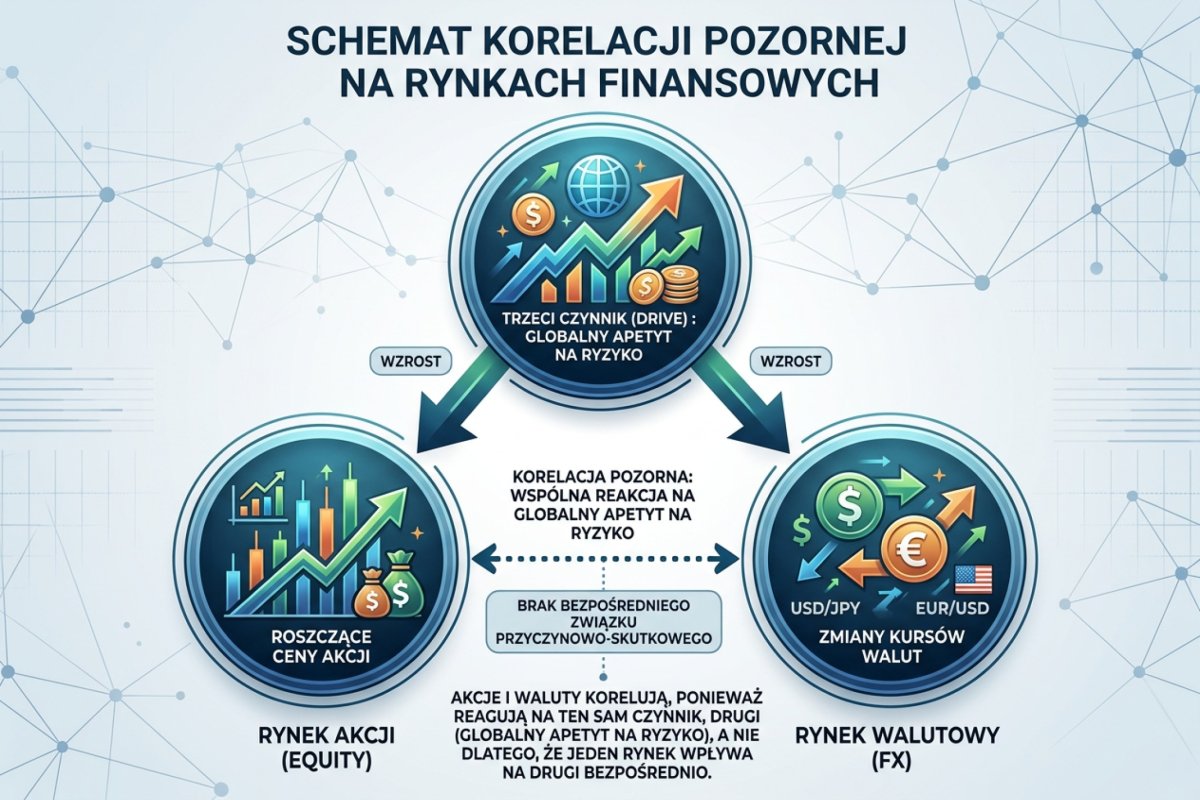 Schemat korelacji pozornej: equity i FX korelują bo reagują na wspólny trzeci czynnik — globalny apetyt na ryzyko