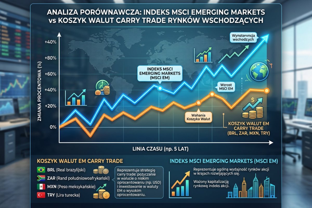 Wykres porównawczy MSCI Emerging Markets Index vs koszyk walut carry trade EM: BRL, ZAR, MXN, TRY