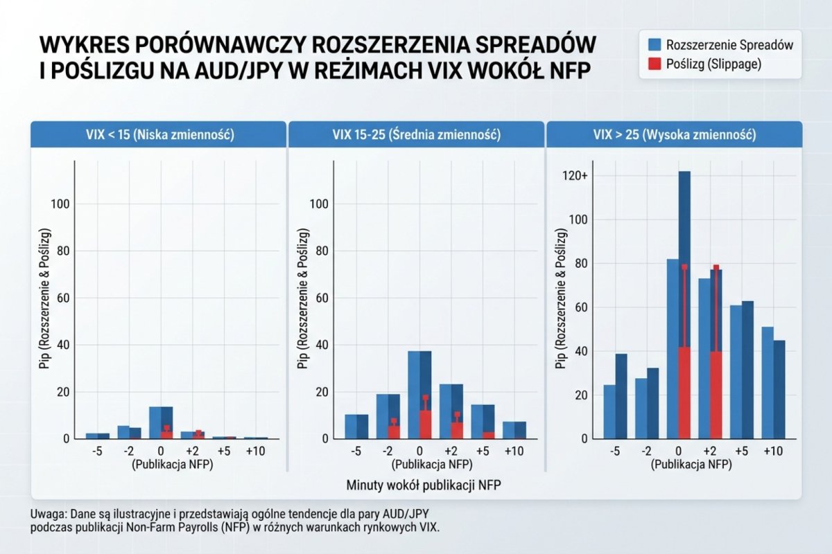 Wykres porównawczy rozszerzenia spreadów i poślizgu na AUD/JPY w reżimach VIX poniżej 15, 15-25 oraz powyżej 25 w minutach wokół publikacji NFP