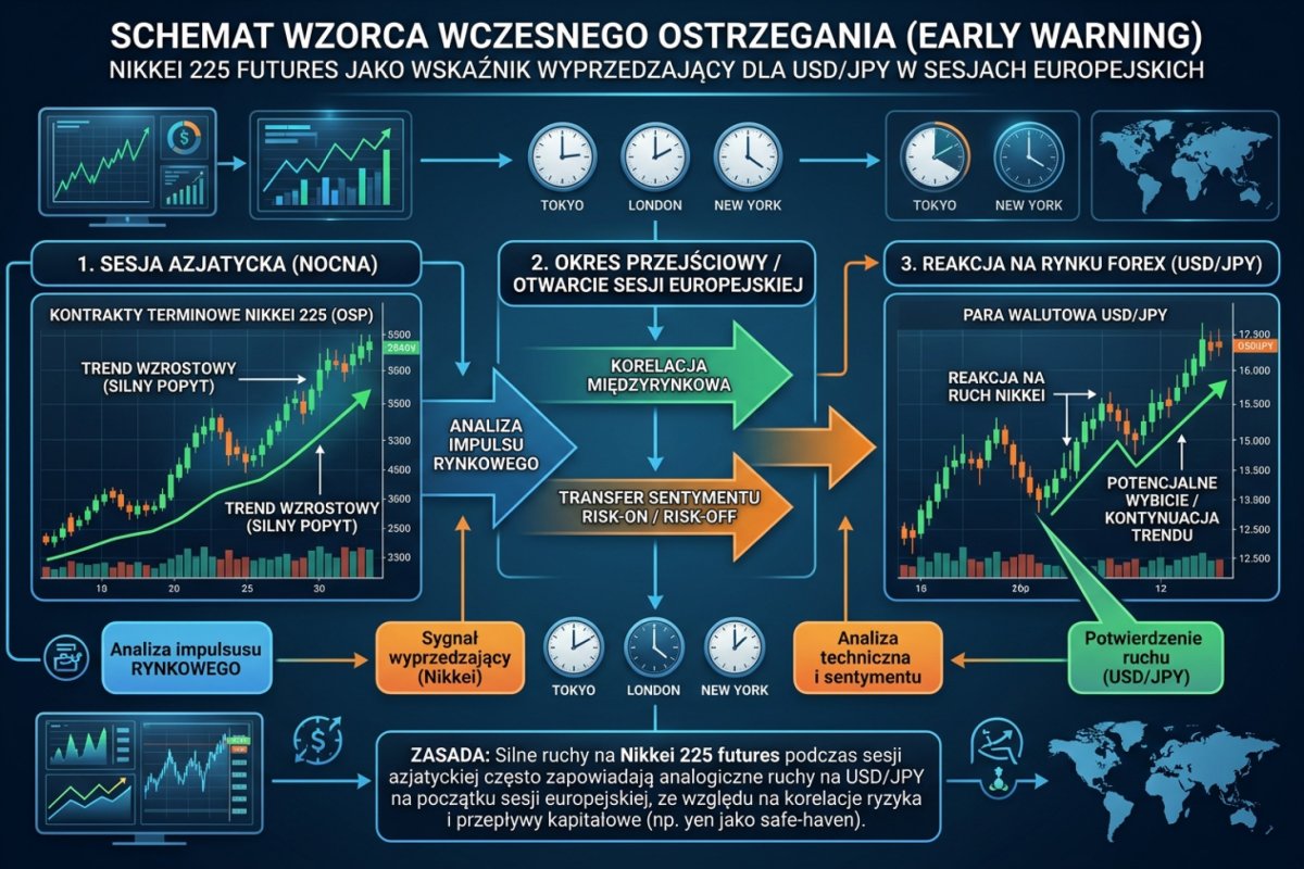Schemat early warning: Nikkei 225 futures jako wskaźnik wyprzedzający dla USD/JPY w sesjach europejskich