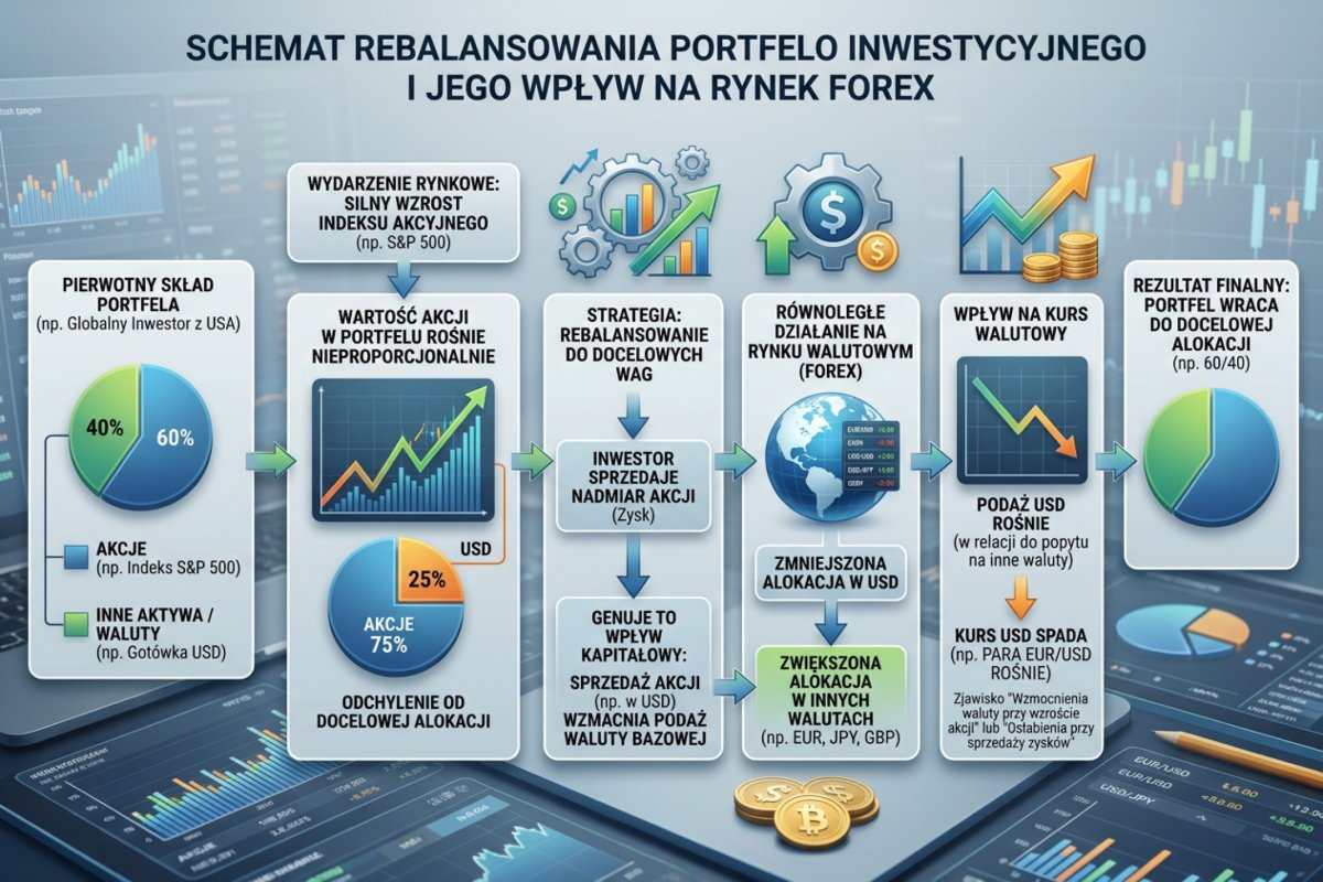 Schemat portfolio rebalancing: wzrost indeksu akcyjnego powoduje przepływy kapitałowe i zmianę kursu walutowego