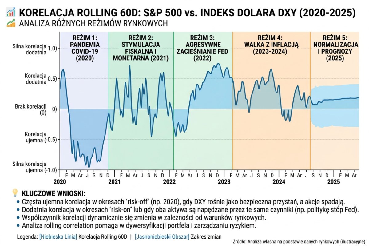 Wykres korelacji rolling 60D między S&P 500 a indeksem dolara DXY w różnych reżimach rynkowych 2020-2025