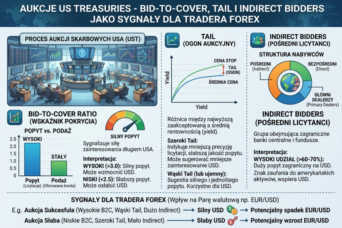 Aukcje US Treasuries — bid-to-cover, tail i indirect bidders jako sygnały dla tradera Forex