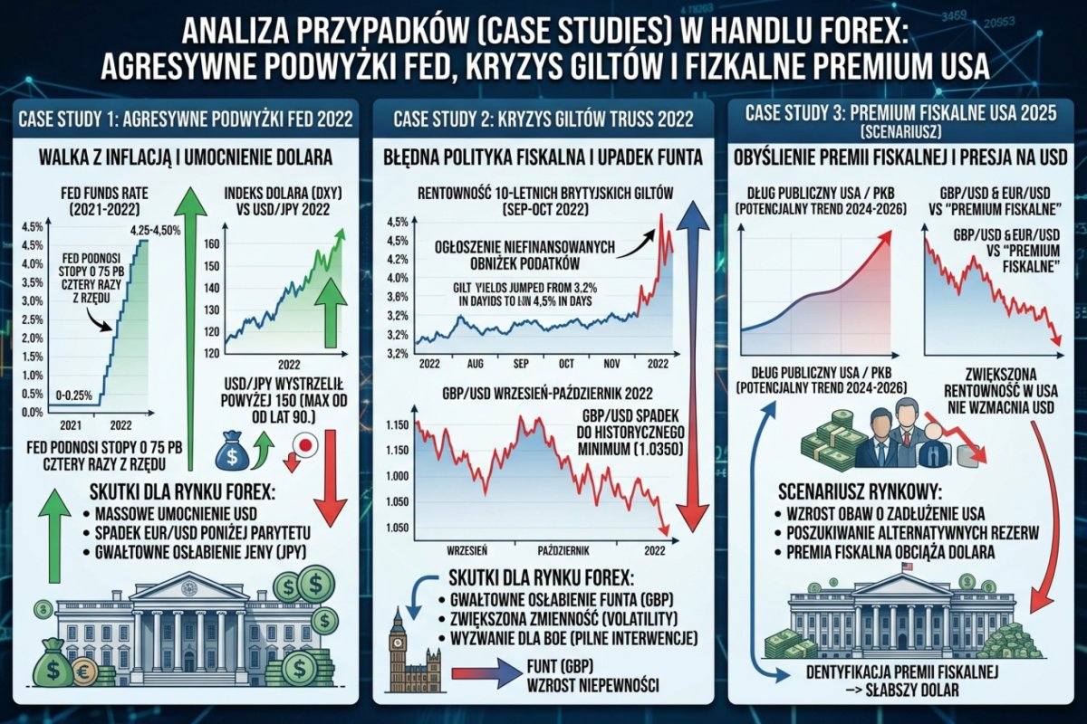 Case studies — agresywne podwyżki Fed 2022, kryzys giltów Truss, fiscal premium USA 2025