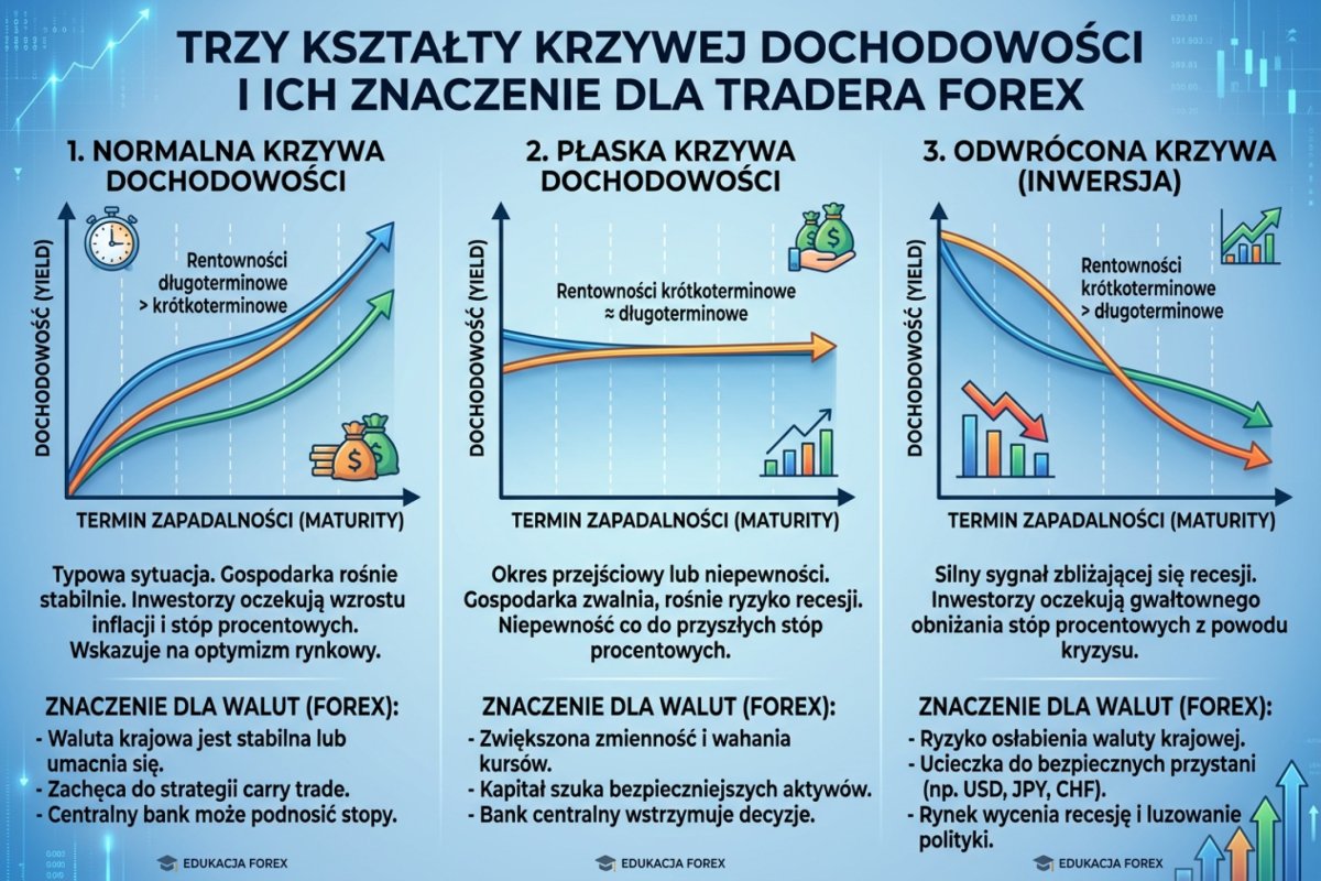 Trzy kształty krzywej dochodowości — normalna, płaska i odwrócona (inwersja) — i ich znaczenie dla tradera Forex