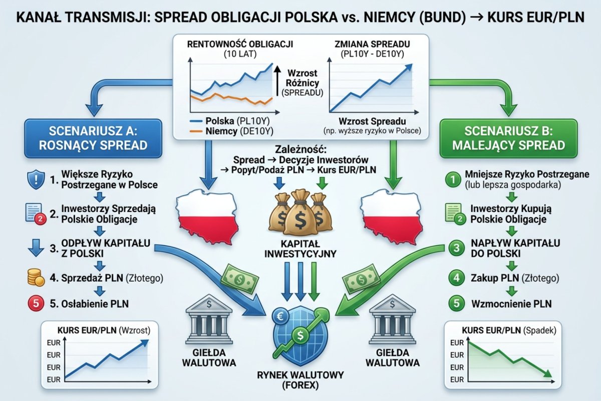Spread polskich obligacji 10Y vs Bund (DE10Y) i jego wpływ na kurs EUR/PLN — kanał transmisji obligacje → waluta