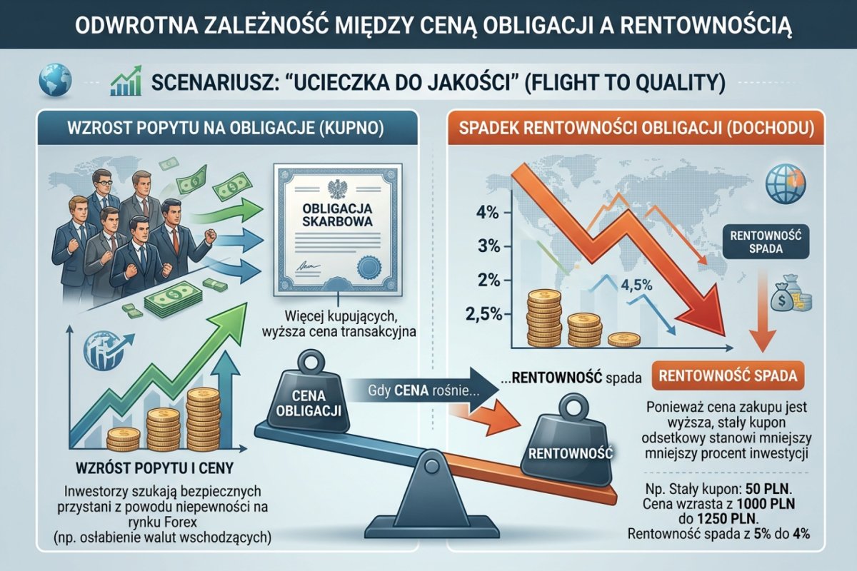 Odwrotna zależność między ceną obligacji a rentownością — gdy inwestorzy kupują obligacje (flight to quality), cena rośnie, a rentowność spada