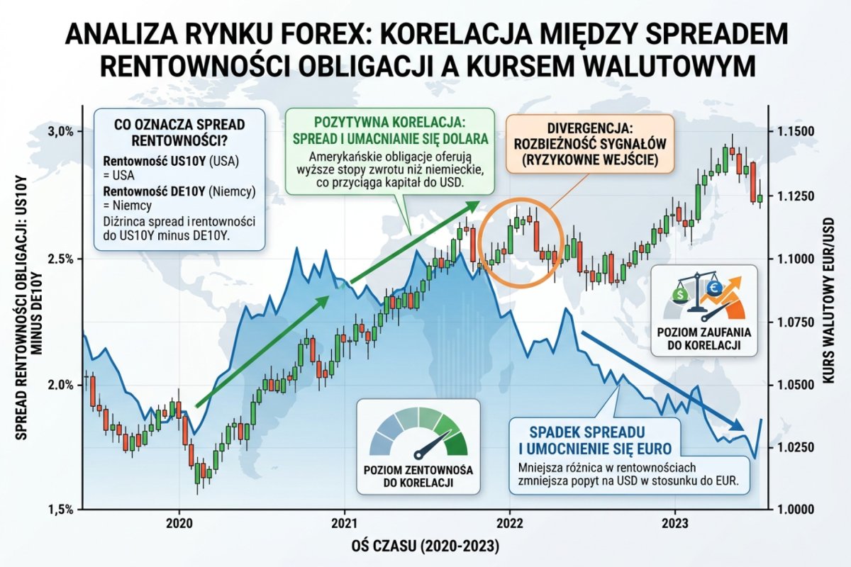 Spread rentowności US10Y vs DE10Y nałożony na wykres EUR/USD — wizualizacja korelacji między różnicą rentowności a kursem walutowym