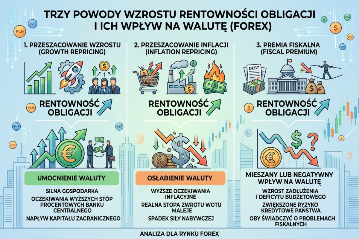 Trzy powody wzrostu rentowności obligacji: growth repricing, inflation repricing i fiscal premium — różny wpływ na walutę