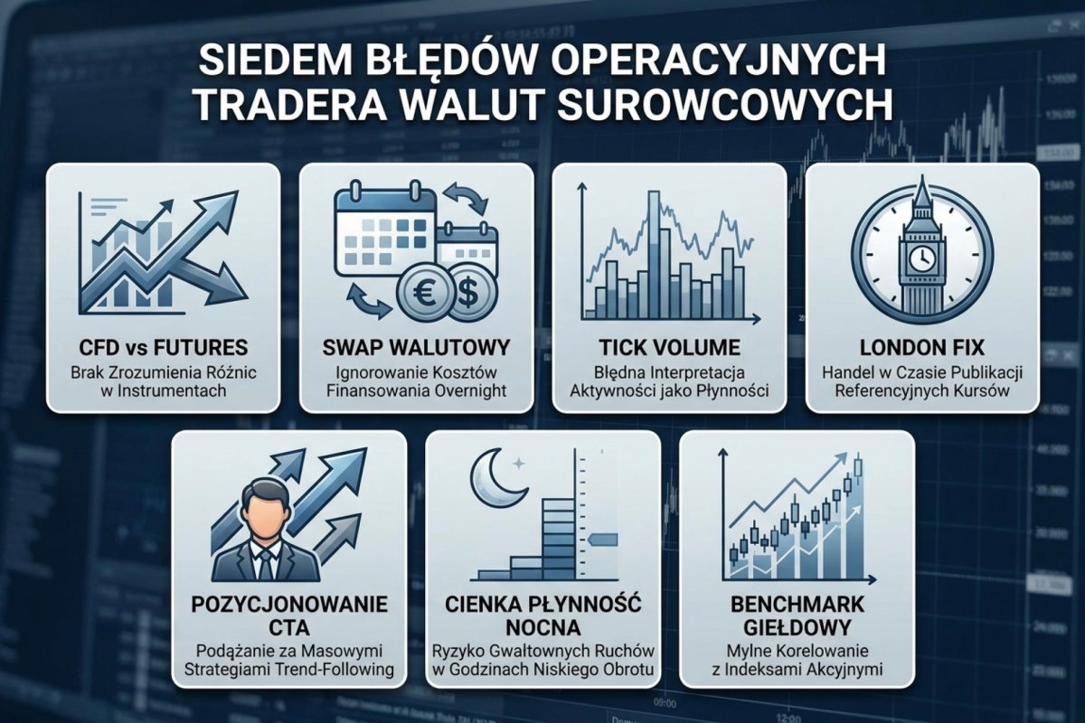 Siedem błędów operacyjnych tradera walut surowcowych — CFD vs futures, swap walutowy, tick volume, London Fix, pozycjonowanie CTA, cienka płynność nocna, benchmark giełdowy