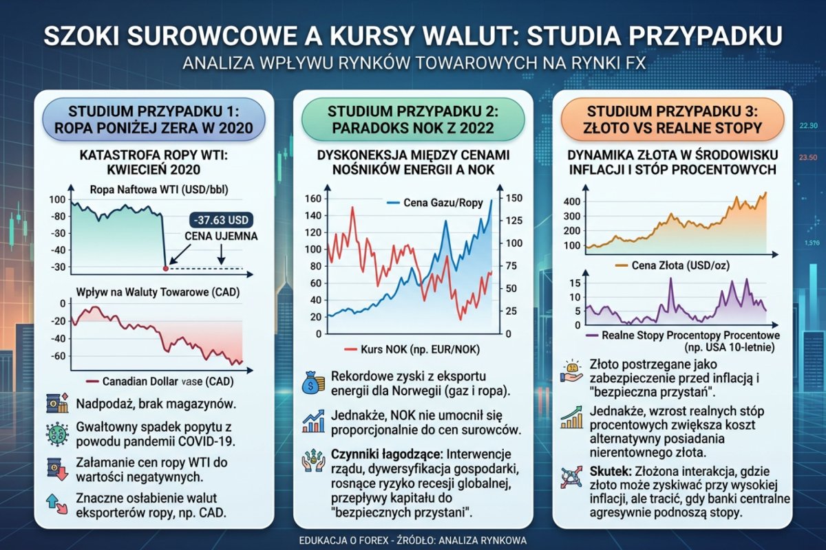 Case studies: ropa poniżej zera w 2020, paradoks NOK 2022, złoto vs realne stopy — wpływ szoków surowcowych na kursy walut