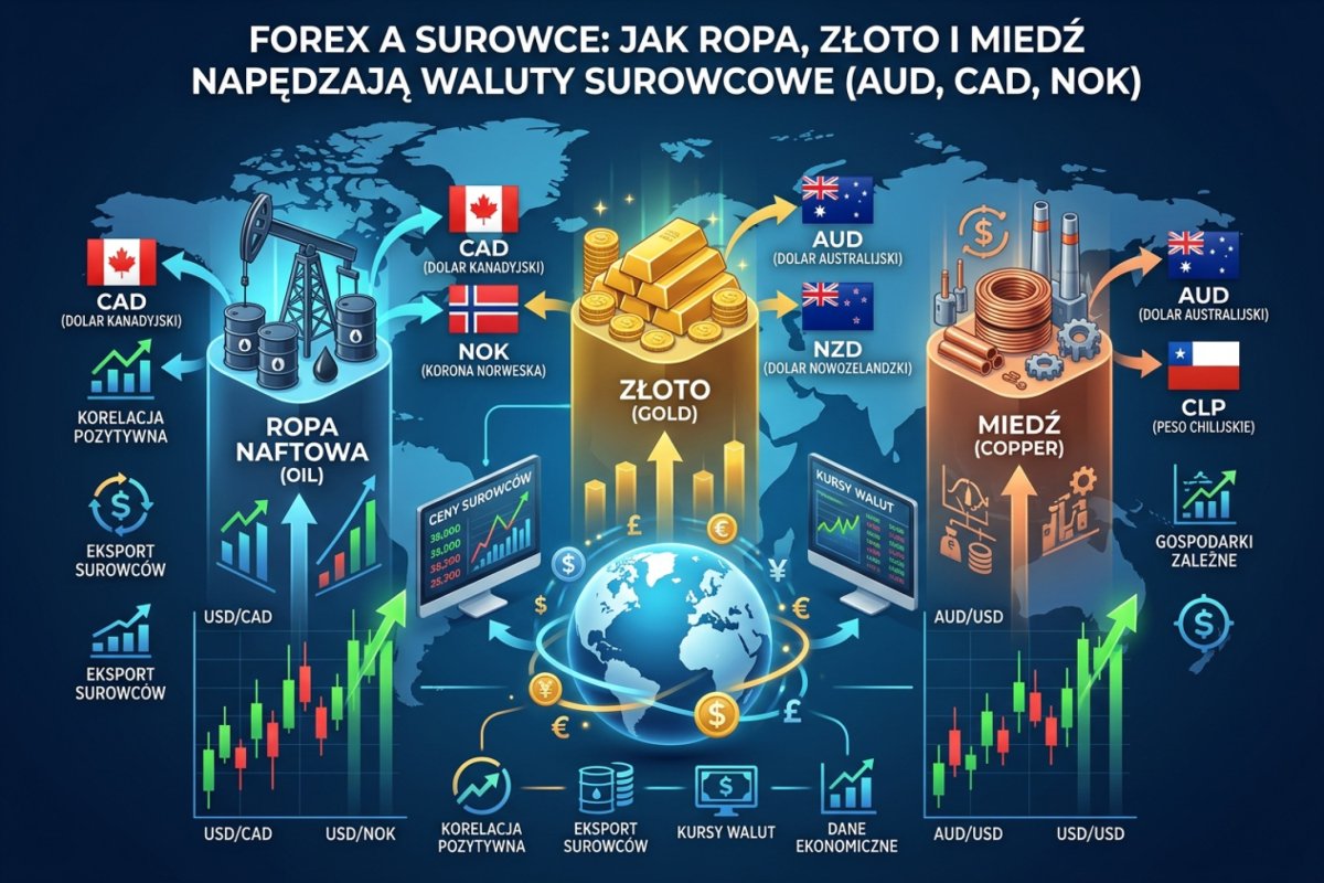 Forex a surowce — jak ropa, złoto i miedź napędzają waluty surowcowe AUD, CAD, NOK na rynku walutowym