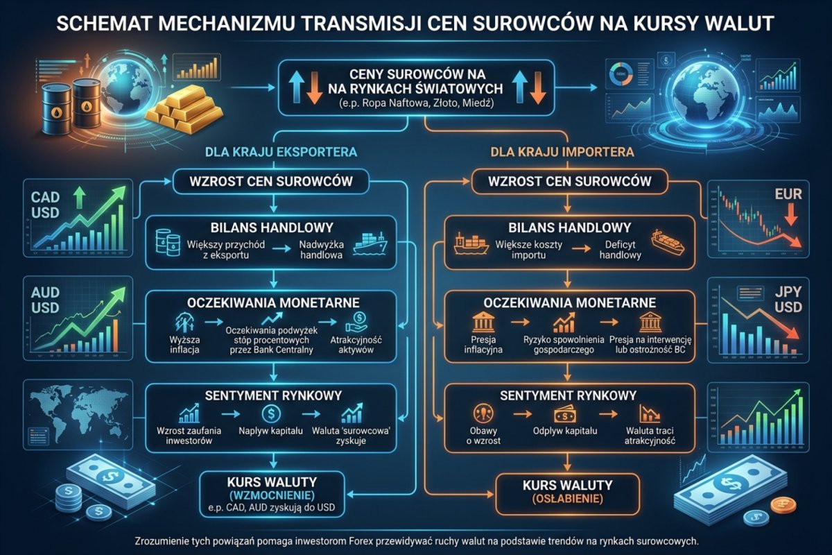 Schemat mechanizmu transmisji surowców na kursy walut — od ceny surowca przez bilans handlowy, oczekiwania monetarne i sentyment do kursu waluty
