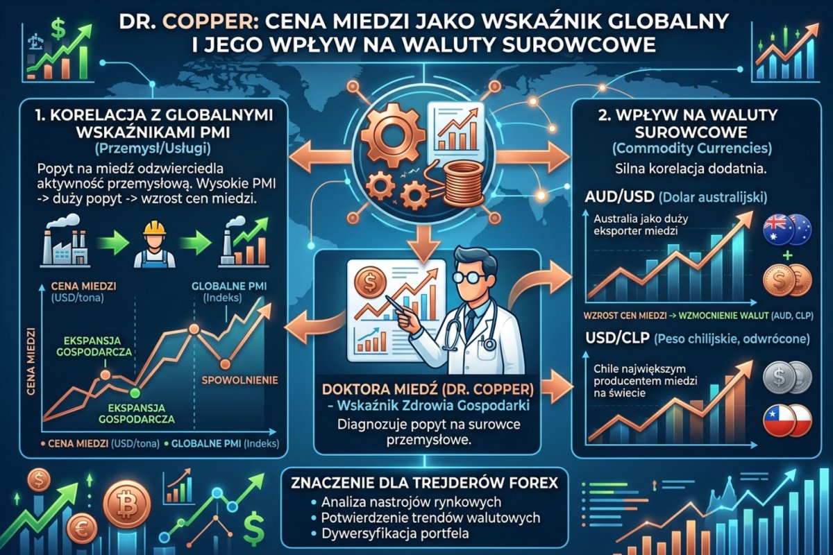 Dr. Copper — korelacja ceny miedzi z globalnymi wskaźnikami PMI i jej przełożenie na waluty surowcowe AUD, CLP