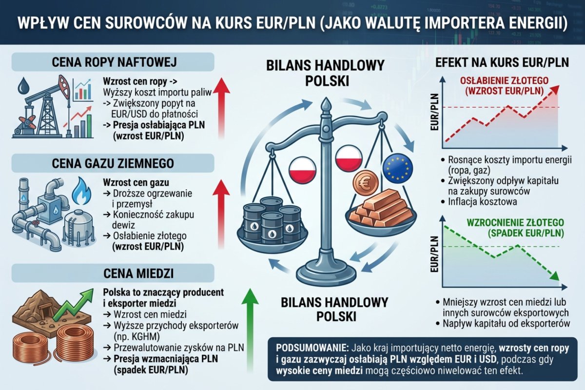 Polska a surowce — wpływ cen ropy, gazu i miedzi na kurs EUR/PLN jako walutę importera energii