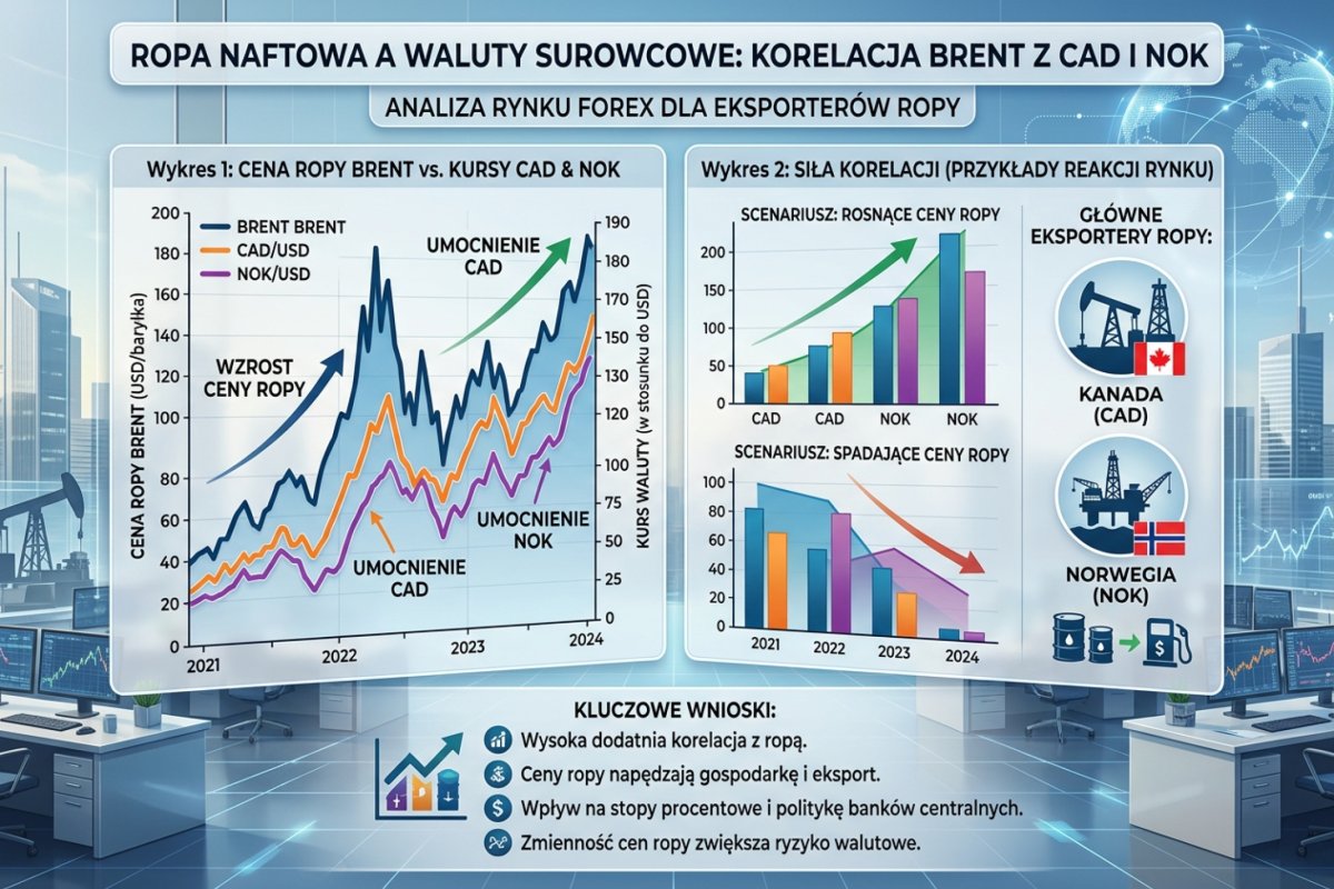 Ropa naftowa i jej wpływ na waluty surowcowe CAD i NOK — wykres korelacji ceny ropy Brent z kursami walut eksporterów