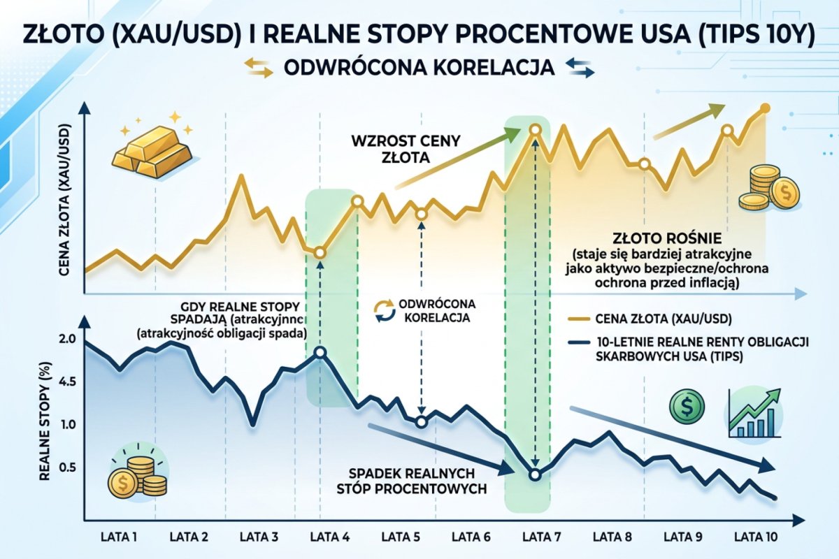 Złoto (XAU/USD) i realne stopy procentowe USA (TIPS 10Y) — odwrócona korelacja: gdy realne stopy spadają, złoto rośnie
