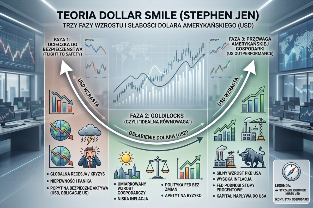 Teoria Dollar Smile Stephena Jena — trzy fazy: flight to safety (lewa), goldilocks (dno), US outperformance (prawa)